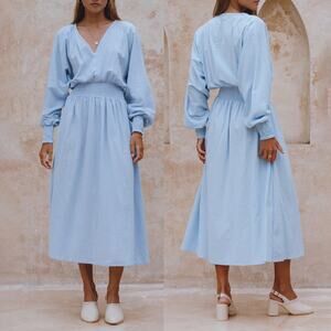 Bali Lane Carla Long Sleeve Linen Dress Ciel Blue 100% Linen Blouson SZ S NWT